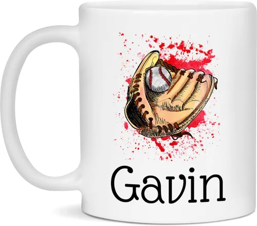 Taza de béisbol personalizada con nombre personalizado, guante, acuarela, ilustración para taza de Gavin, taza de Gavin, taza de 11 onzas