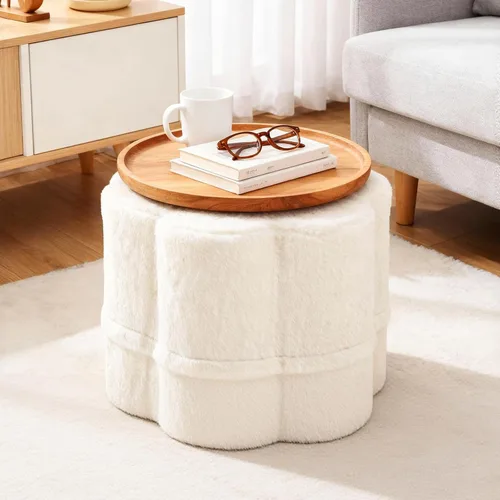 Miniatura 22 de Tiita Puf Otomán Redondo Relleno, Pufs de Piel Sintética a Rayas con Relleno de Trozos de Espuma, Puf Peludo y Esponjoso de 21 x 21 x 12 pulgadas