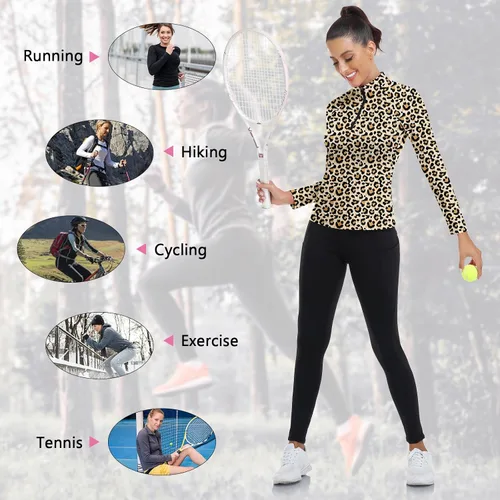 Miniatura 57 de WOWENY Camiseta deportiva de manga larga para mujer, con cremallera de un cuarto, cuello para entrenamiento, camiseta de tenis con estampado