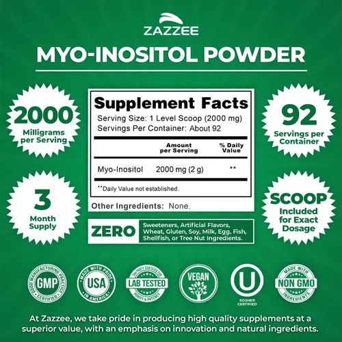 Miniatura 2 de Zazzee Myo-inositol en polvo, suministro para 3 meses, 92 porciones, 2000 mg por porción, cuchara gratis para dosis exacta, 6.49 onzas, certificado