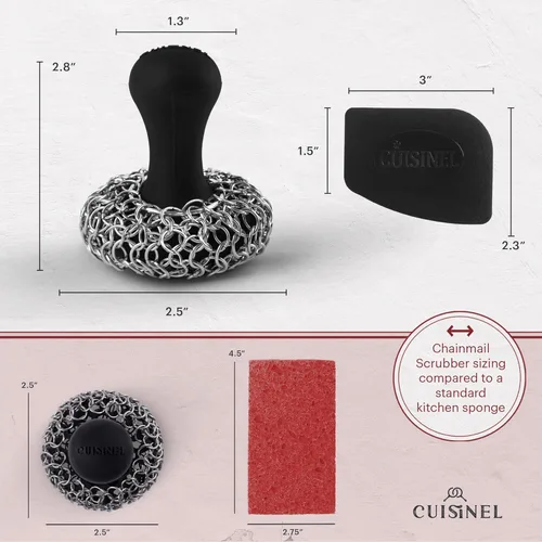 Miniatura 4 de Cuisinel Estropajo de cadena de hierro fundido + raspador de sartenes - Diseño ergonómico de acero inoxidable/silicona para ollas y sartenes - Fácil