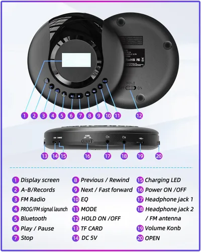 Miniatura 8 de ARAFUNA Reproductor de CD portátil Bluetooth con radio FM, reproductor de CD recargable de 2000 mAh para coche con pantalla LCD, reproductor