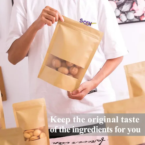 Miniatura 6 de Bolsas de papel marrón resellables con ventana, 50 unidades de 5.5 x 7.8 pulgadas con cierre de cremallera, bolsas sellables de caramelo Kraft
