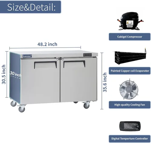 Miniatura 3 de ICECASA Refrigerador Comercial de Mostrador Bajo Encimera de 48" de Ancho, 2 Puertas de Acero Inoxidable con Enfriamiento por Ventilador, 13 Pies