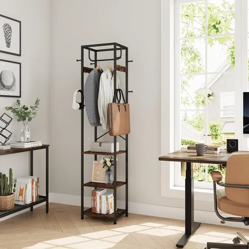 Miniatura 5 de ELYKEN Perchero Independiente, Árbol de Pasillo con 3 Estantes de Almacenamiento y 12 Ganchos, Organizador de Perchero Industrial para Dormitorio
