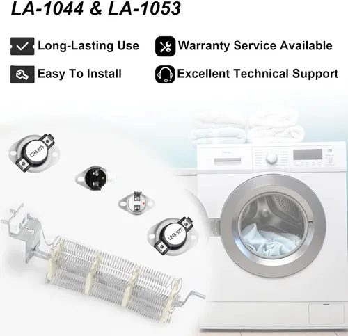 Miniatura 7 de LA-1044 y LA-1053 Elemento calefactor de secadora y kit de fusibles de termostato para secadora L248-80'F para secadora Whirl-pool Ch-ef Ma-gic que