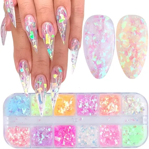 Miniatura 2 de 12 rejillas de lentejuelas de uñas con purpurina, lentejuelas de uñas de acrílico 3D holográficas, copos de uñas de sirena irregulares, lentejuelas