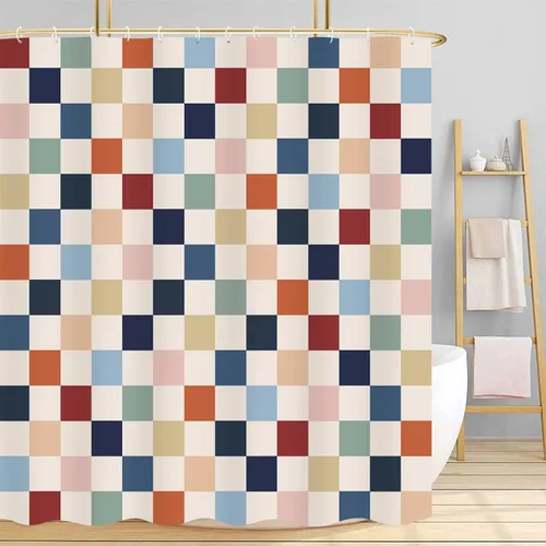 Miniatura 43 de Cortina de ducha a cuadros en blanco y negro, bonita cortina de ducha retro de tablero de ajedrez para decoración de baño, 72 x 72 pulgadas, cortina