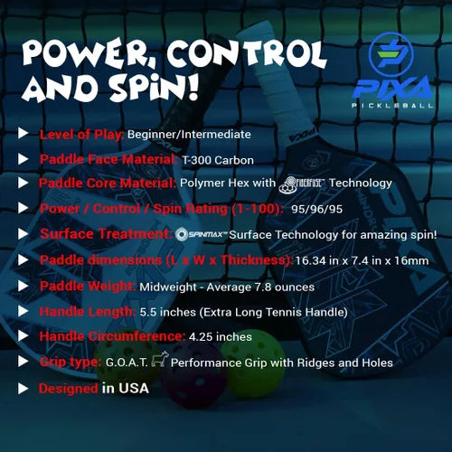 Miniatura 6 de PIXA Mindrush T-300 - Paleta de pickleball de 0.630 in, superficie de fricción avanzada, potencia increíble, control y giro: aprobado por USAPA