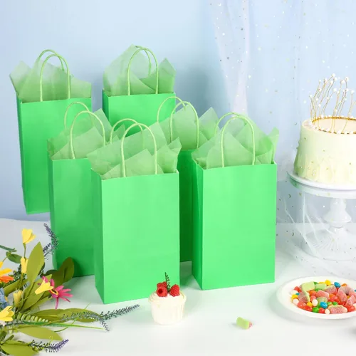 Miniatura 8 de DjinnGlory Paquete de 24 pequeñas bolsas de regalo de papel verde con asas y papel de seda para recuerdos de fiesta, golosinas, pequeñas empresas