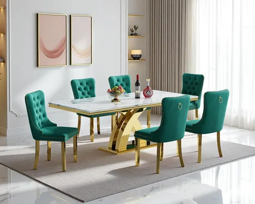 Miniatura 33 de Moderno juego de mesa de comedor de mármol sintético de 68.11 pulgadas para 6, mesa de comedor de mármol blanco y plateado con 6 sillas de Blanco