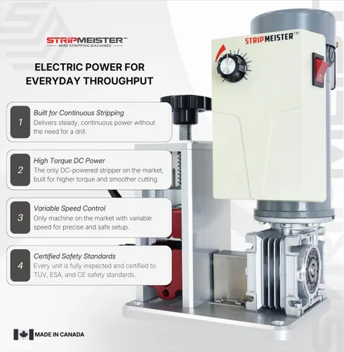 Miniatura 2 de StripMeister Máquina peladora automática eléctrica E500 Pro, pelacables de cobre de hasta 1.25 pulgadas de diámetro, alimentadores ultra agarre