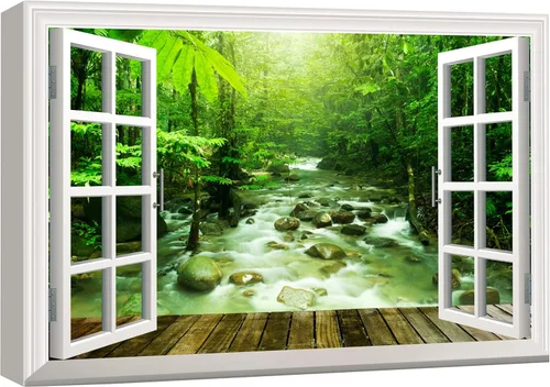 Miniatura 10 de wall26 - Cuadro en lienzo para pared, vista de ventana, río neón turquesa, rápido, bosque, lago, arroyo, naturaleza salvaje, fotografía, realismo
