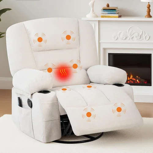 Miniatura 11 de Silla reclinable ancha de gran tamaño, masaje de calor y vibración, silla mecedora giratoria de 360° para adultos, silla reclinable manual de tela