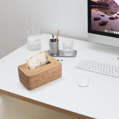 Miniatura 8 de Funda rectangular para caja de pañuelos de ratán, soporte rectangular de mimbre para pañuelos faciales, para baño, cocina, sala de estar, dormitorio