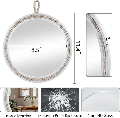 Miniatura 2 de Espejo decorativo pequeño de 11.4 pulgadas, espejo colgante redondo para pared, espejo de cuerda náutica para baño, oficina, sala de estar, todas
