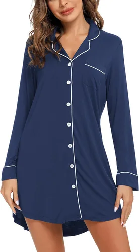 Miniatura 17 de Samring Camisón de pijama para mujer, manga corta/larga, con botones, camisón para dormir, camisón para novio, talla XXL