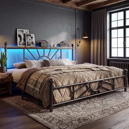 Miniatura 28 de Homkdom Marco de cama de plataforma de metal tamaño Queen de 14 pulgadas con cabecero, marco de cama victoriano Queen con almacenamiento debajo