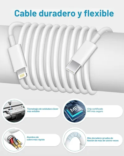 Miniatura 3 de CXX Cargador rápido para iPhone [3 unidades, certificado MFi], bloque PD USB-C de 20 W con cable de carga de 6 pies compatible con iPhone Blanco