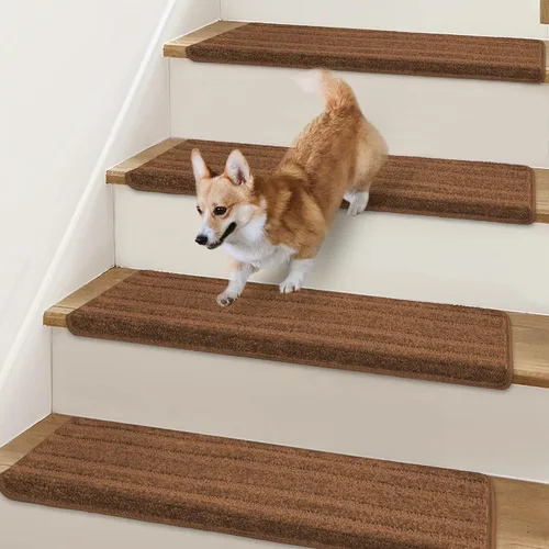 Miniatura 18 de Peldaños Bullnose Antideslizantes 9.5" x 30", 2 Piezas Peldaños de Alfombra para Escalones de Madera Interior con Protección de Bordes, Alfombras