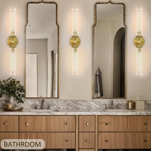 Miniatura 10 de Aplique de pared de baño de 30", apliques de pared de latón con cableado fijo, aplique de pared dorado regulable, apliques lineales moleteados