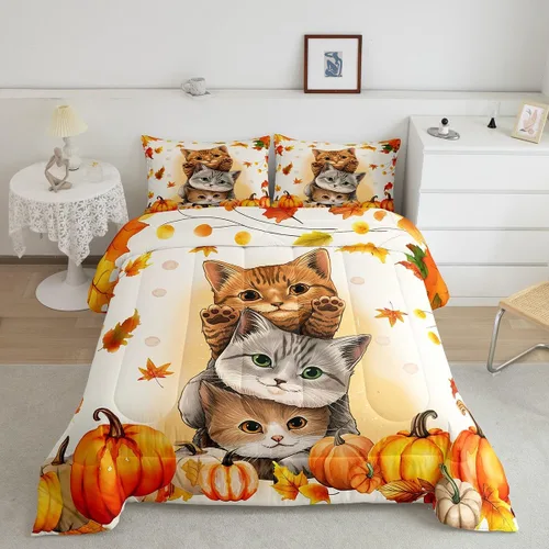 Erosebridal Juego de edredón de gatos lindos para niños, juego de ropa de cama de calabaza y hoja de arce para niñas y niños, juego de edredón de