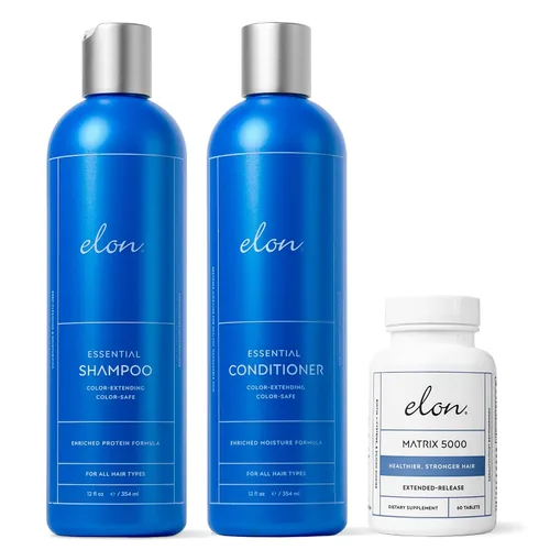 Elon Kit completo para adelgazar el cabello – Elon Essential Champú y acondicionador + suplemento Matrix 5000 para el crecimiento del cabello – Sin