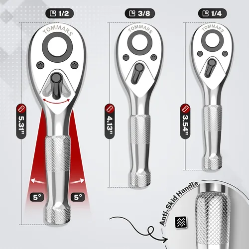 Miniatura 3 de TOMMARS Juego de trinquetes rechonchos, 1/4 ", 3/8", 1/2" llave de mango de trinquete de 72 dientes reversible de liberación rápida