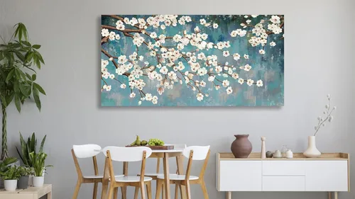 Miniatura 4 de Shoci Arte de pared de árbol de flores, lienzo grande de ramas florales blancas y marrones para sala de estar, pintura rústica, verde azulado
