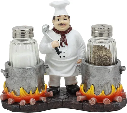 Ebros Bouillon - Jean de chef francés con caldero doble llameante, salero y pimentero, figurita para cocina, mesa de comedor, anfitrión, accesorios