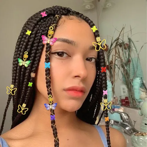Miniatura 6 de 20 piezas de joyería para el cabello para trenzas, colgante de mariposa dorada, accesorios Dreaklock, tubo Loc, accesorios de trenza de cuentas