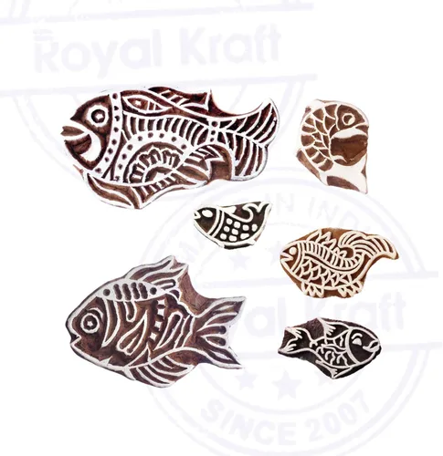 Miniatura 2 de Bloques de impresión de cerámica Retro Fish Pattern Sellos de madera (juego de 6) Htag1958