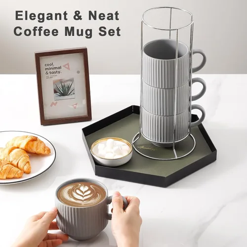 Miniatura 5 de Hasense Juego de tazas de café, juego de 4 tazas de té apilables con soporte - Juego de tazas grandes de cerámica acanaladas de 15 onzas para latte