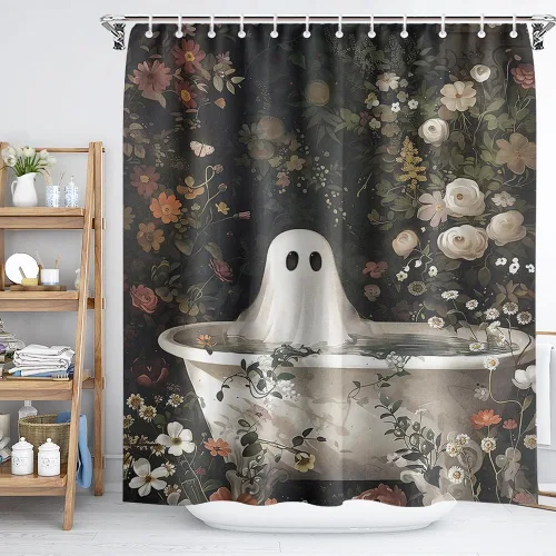 Miniatura 4 de Cortina de ducha de Halloween con diseño de fantasma, para bañera, bosque de flores, cortina de ducha para baño, academia oscura, tina fantasma