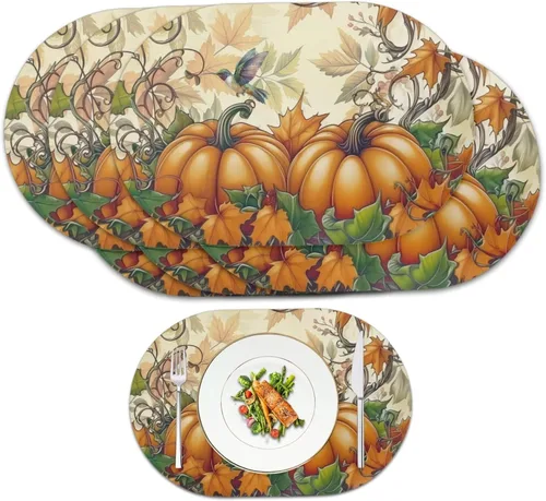 Miniatura 63 de Non Slip Placemats Set of 6 Pumpkin Mushroom Theme Waterproof Wipeable Faux Leather for Thanksgiving Family Feast Heat Resistant Dining Table Mats