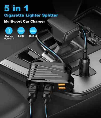 Miniatura 2 de Divisor de encendedor de cigarrillos 5 en 1, adaptador de encendedor de cigarrillos de 120 W con PD 20 W y QC 3.0 * 2 carga, cargador de coche de 12