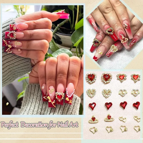 Miniatura 5 de RODAKY 40 dijes de uñas de corazón de cristal rojo, gemas de uñas para el día de San Valentín para uñas, arte de lujo, accesorios de decoración