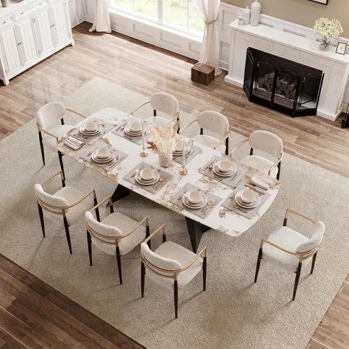 Miniatura 16 de Mesa de comedor extensible con extensión, 65"-95" piedra sinterizada rectangular, superficie con aspecto de mármol, para 6-12 personas, base