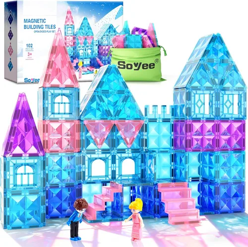 Azulejos magnéticos, 102 piezas con 2 escaleras, 2 muñecas, castillo de princesa, construcción de juguetes para niñas de 4 a 5 años, 6 a 8 años,