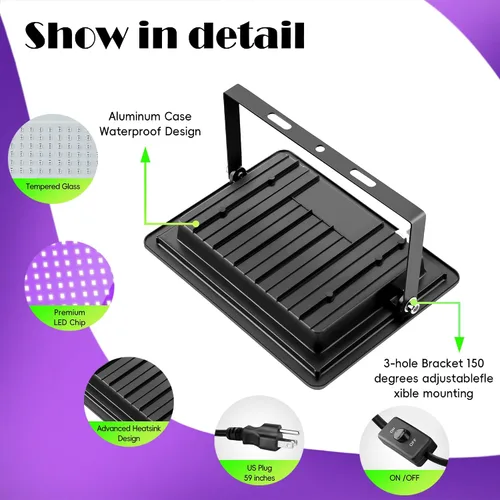 Miniatura 2 de Paquete de 4 luces LED negras de 100 W, luz de inundación de luz negra con enchufe e interruptor, IP66 luz negra impermeable para exteriores