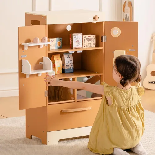 Miniatura 5 de ROBOTIME Refrigerador de madera para niños, refrigerador de cocina de juguete para niños pequeños, refrigerador de juguete con máquina de hielo