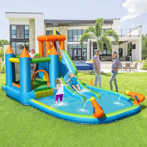 Miniatura 9 de HONEY JOY Tobogán acuático inflable, casa de rebote de agua gigante 8 en 1, parque de toboganes acuáticos con piscina de salpicaduras, gateo