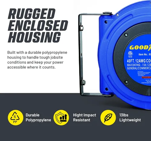 Miniatura 5 de Carrete de extensión Goodyear resistente, 40 pies, 12AWG/3C SJTOW, triple con conector con luz LED
