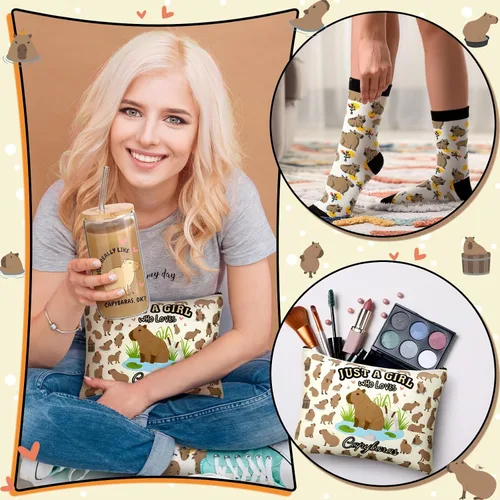 Miniatura 5 de Layhit Capybara - 3 piezas de regalos para mujeres, regalo de agradecimiento de 16 onzas, bolsa de maquillaje cosmética, calcetines lindos, regalo