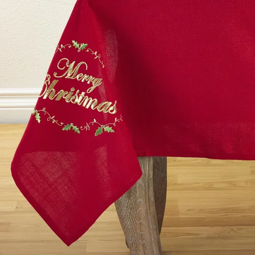 Miniatura 2 de SARO LIFESTYLE Mantel de mesa con diseño bordado de Feliz Navidad, 54 pulgadas, rojo