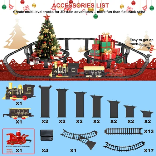Miniatura 4 de Juego de tren eléctrico con pistas elevadas 3D, vagones de pasajeros de locomotora, luces y modo silencioso, tren de Navidad para niños, regalo