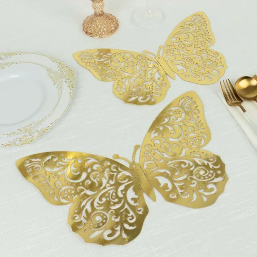 Efavormart - Paquete de 10 calcomanías de pared de mariposa 3D grandes de lámina dorada metálica, mantel individual con cargador de papel de