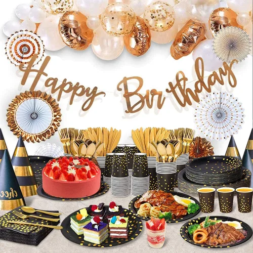 Miniatura 4 de AIRE 175 piezas de platos de papel negro y dorado, juego de vajilla para fiestas, suministros para 25 invitados, platos desechables para fiesta, 175