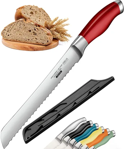 Orblue Cuchillo de pan dentado, cortador de pan de acero inoxidable ultra afilado de grado profesional, corta panes gruesos sin esfuerzo (hoja de 8