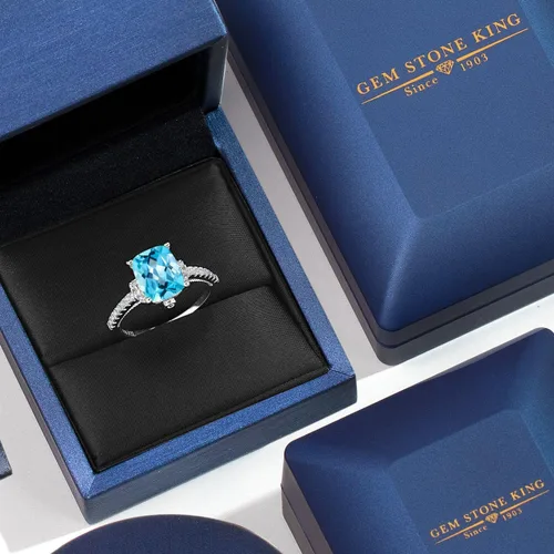 Miniatura 5 de Gem Stone King Anillo de compromiso de topacio azul suizo y zafiro blanco de 4.00 quilates para mujer, juego en plata de ley 925, corte cojín